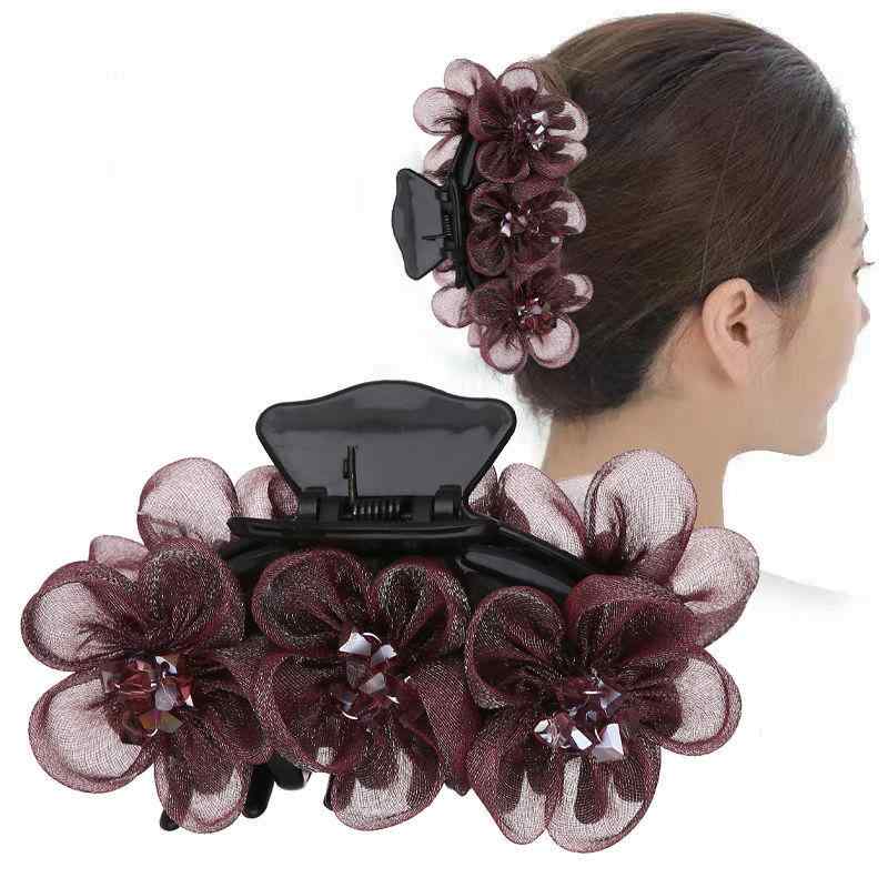 ヘアアクセサリー 女性用 花柄 チュール シャーククリップ 大型 後頭部用 馬尾 ア...
