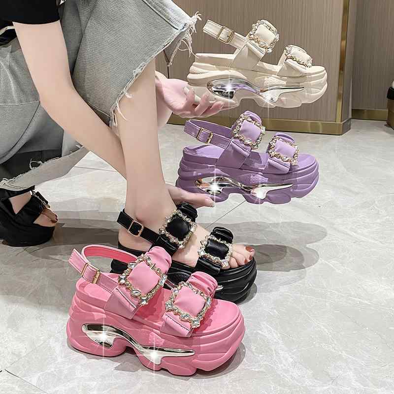 サンダル 女性用 厚底 ウェッジソール 夏 韓国風 水晶装飾 ストラップ オープントゥ ハイヒール 米白色 ピンク 紫 ブラック PU素材 丸トゥ スポーツスタイル 普段使い 軽量 伸縮性 吸湿速乾 切り替えデザイン