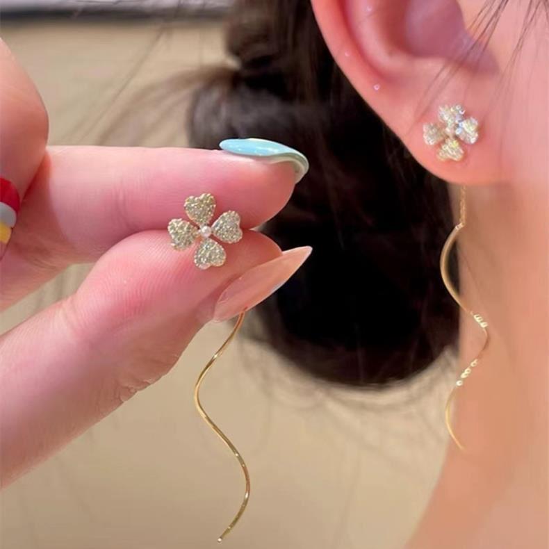 イヤリング 女性用 花朵 耳線 シンプル 花 葉 モチーフ ジルコニア 装飾 ファッション 通勤 スタイル 高級感 デザイン 気質 百搭 アクセサリー 夏 植物 モチーフ