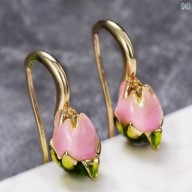 イヤリング 女性用 韓国風 フレンチレトロ チューリップ モチーフ 森ガール かわいい 植物 花柄 アクセサリー 黄金色 春夏 春物 クリア フレッシュ スイート スタイル 軽量 ファッション ジュエリー 花卉 デザイン 乙女心 トレンド ビーズ 加工