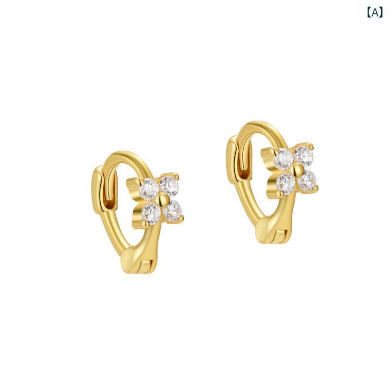 ピアス 女性用 四葉のクローバー ダイヤモンド インゴールドメッキ シンプル ファッション 通勤 軽量 銀 アクセサリー かわいい 幾何学 花柄 丸型 楕円型 リング型 ライン 春夏