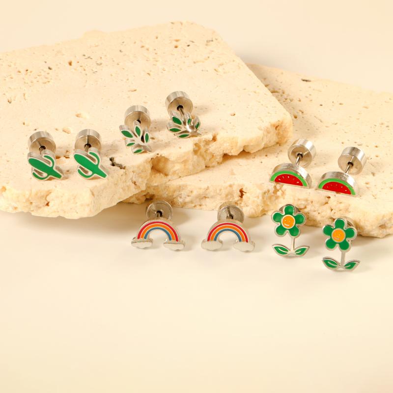 キッズ イヤリング かわいい 水果 植物 デザイン 耳飾り 不锈钢 接触冷感 電鍍加工 鋼色 金色 虹色 夏 自然 流行 ファッション 通勤 甘め 滴油 加工 貝殻 雲 葉 花 スマイル 椰子 仙人掌 草莓 西瓜 魚骨 貝 子供 耳 アクセサリー 軽量