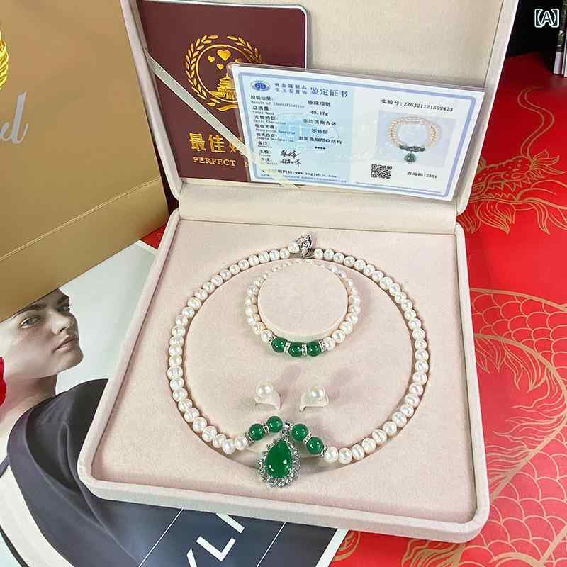ネックレス 女性用 天然淡水真珠 グリーンカラー 水滴形 ペンダント セット シンプル デザイン 手工編み 丸珠チェーン ミックスストーン アクセサリー ファッション 通勤 普段使い 7-8mm 8-9mm サイズ 自然素材 軽量 2021夏