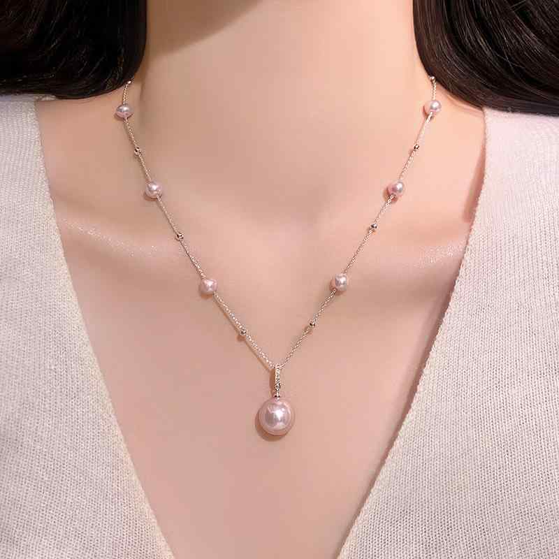 Coral Pink - ネックレス 女性用 軽量 電気メッキ加工 鎖骨チェーン 珍珠 ビーズ 吊り下げ デザイン ファッション 通勤用 軽奢風 高級感 41cm 50cm 調整可能 銅素材 多層チェーン 人気スタイル 日常使い アクセサリー シンプル モダン かわいい 細身 輝