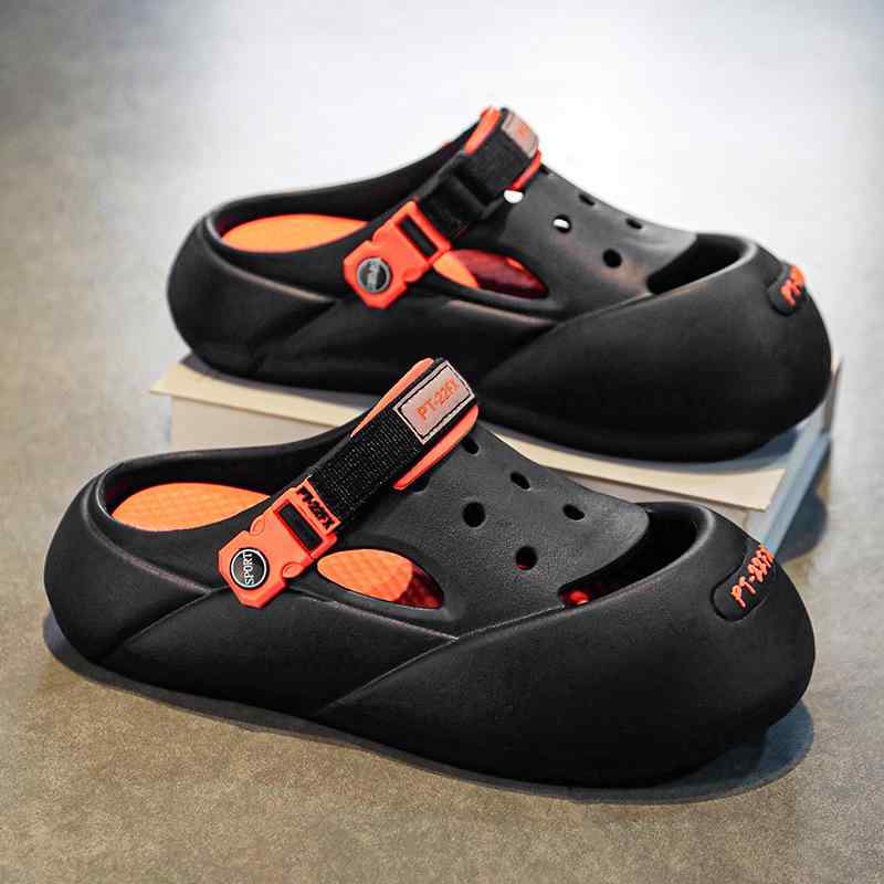 メンズサンダル 厚底 防滑 防水 透気 切り替え EVA素材 男性用 夏 春夏 秋 ビーチサンダル 洞穴デザイン ラウンドトゥ 低ヒール 平底 軽量 日常使い アウトドア 黒オレンジ グレーオレンジ ホワイトグリーン カーキ