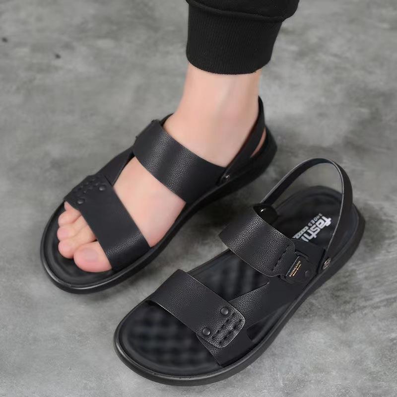 メンズサンダル 男性用 真皮 革靴 ブラック 夏用 春夏 ビーチサンダル 防水 防滑 透気性 露趾 ソフトソール インソール 軽量 増高 機能 休閑 スタイル 屋外 アクティビティ 通勤 普段使い 履きやすい スライドオン スリッポン タイプ 足元 快適