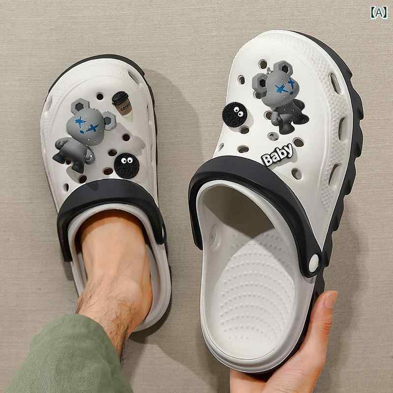 メンズサンダル 夏用 洞穴型 PVC素材 軽量 防滑 防臭 屋外 ビーチ スポーツ ブラック グレー 立体ベア ハスキー セサミストリート 宇宙人 プレーン かわいいデザイン 通気性 快適 クッション メンズシューズ