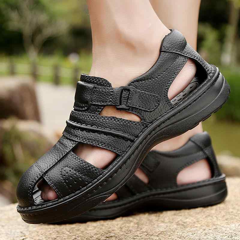 メンズ ビーチサンダル 男性用 夏用 透気性 包頭 仿皮 プラスチック EVA底 耐磨 防滑 軽量 黒 深褐色 中年 青年 通勤 普段使い アウトドア 歩きやすい クッション性 防水 伸縮性 ビッグシルエット ハイウエスト