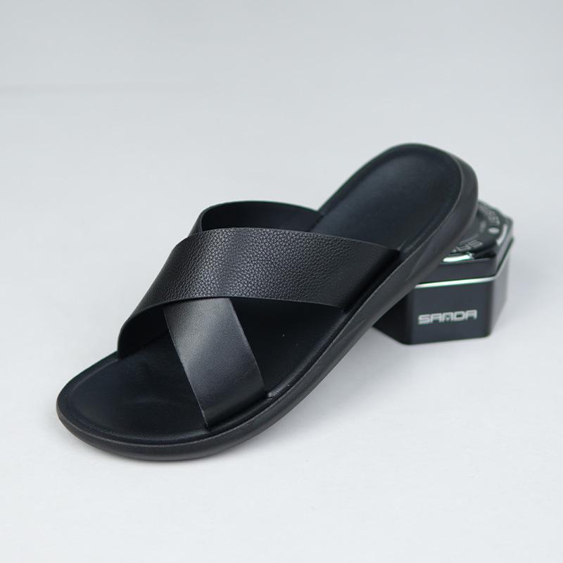 メンズ サンダル 夏用 ビーチ シューズ 韓国風 個性派 大きいサイズ 男性用 透気性 防滑 露趾 平底 薄底 純色 ブラウン ブラック 再生PU素材 人造皮革風 スライドオン カジュアルスタイル 日常使い 軽量 注塑底