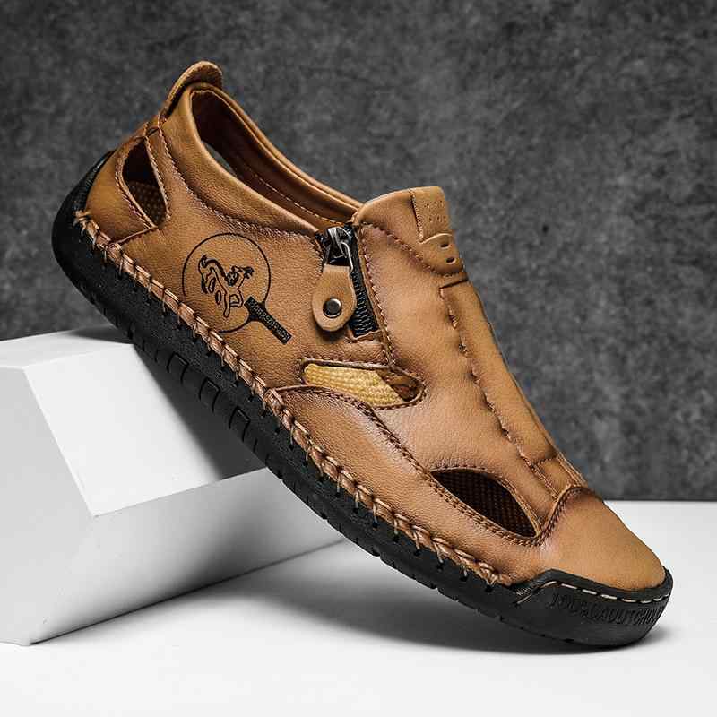 メンズサンダル 男性用 ビッグサイズ 透気性 切り抜き クローズドトゥ ルーズフィット 縫線 ビーチサンダル 夏用 軽量 ラバーソール 牛革 ブラック ベージュ 魔術テープ 着脱簡単 通気性 吸湿速乾 カジュアル 普段使い アウトドア