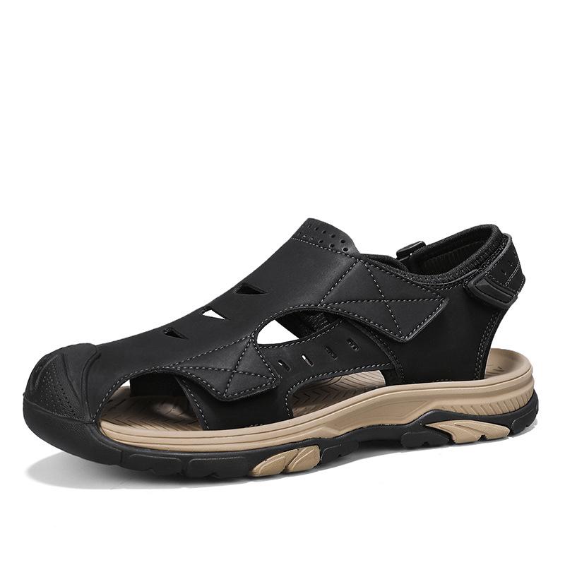 Sports Sandal - メンズ ビーチサンダル 透気性 本革 クッションサンダル 男性用 夏用 防滑 防臭 ドライブシューズ かかと付き ルーズフィット かき色 ブラック 軽量 メッシュ内側 ラバーソール 魔術テープ ユース向け ストリートスタイル カジュアルシューズ 屋外活動