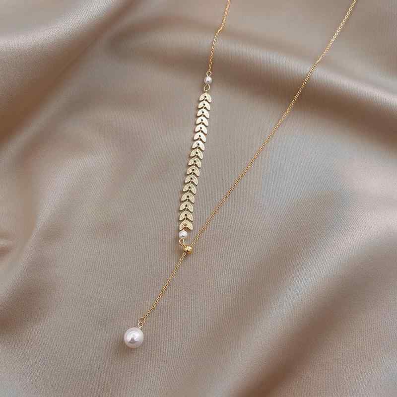 Pink - ネックレス 女性用 チタン素材 金色 珍珠 麦わら穂 モチーフ ファッション 鎖骨チェーン シンプル デザイン かわいい アクセサリー 軽量 調整可能 長さ 45cm 人気 スタイル 日常使い ギフト 向き クラシック 風