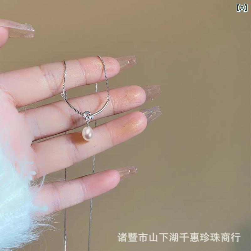 Cubic Zirconia - ネックレス 女性用 淡水パール 米粒型 白色 8mm 9mm S925 純銀 ツイストチェーン ドロップシェイプ 軽量 調整可能 41cm 50cm ビジネス 百搭 イージー ミニマリスト スポーツ ファッション OL シンプル ヨーロピアン ラグジュア