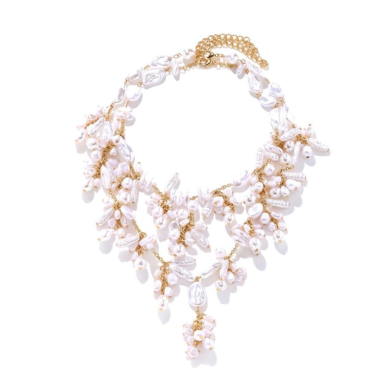 ネックレス 女性用 バロック風 偽物パール 手作り ビーズチェーン レイヤード セット 個性派 アクセサリー 春夏 流行 水波デザイン 多層 長さ調整可能 軽量 かわいい スタイリッシュ 普段使い