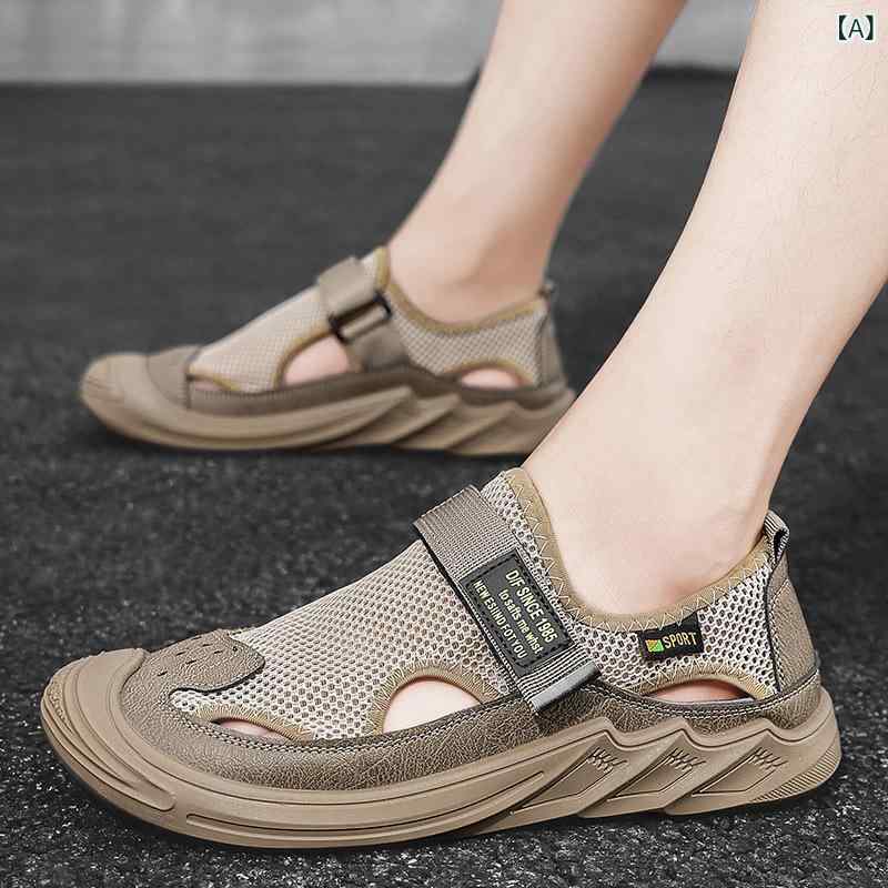 メンズサンダル 男性用 包頭 真皮 メッシュ 通気性 防滑 ソフトソール ビーチシューズ 低筒 夏用 軽量 伸縮性 吸湿速乾 カジュアル 普段使い アウトドア カラキ ブラック グレー