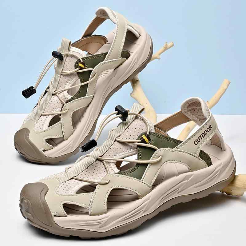 メンズサンダル 男性用 透気 防滑 牛皮 シューズ ラバーソール 米白色 ブラック ミッドカラー 包頭デザイン 伸縮バンド 履きやすい 軽量 ルームシューズ 室内履き 夏用 ビーチサンダル ウォータープルーフ クッション性 快適 歩きやすい アウトドア