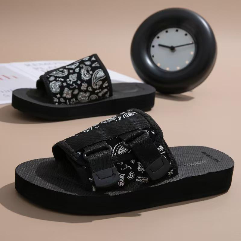 サンダル メンズ レディース 情侣 夏用 ビーチサンダル 一枚革 布面 PVCソール 日常 軽量 吸湿速乾 切り替え柄 ブラック 提花 黒 ダークカラー 通勤 普段使い アウトドア 伸縮性 快適 歩きやすい ビッグシルエット ハイウエスト