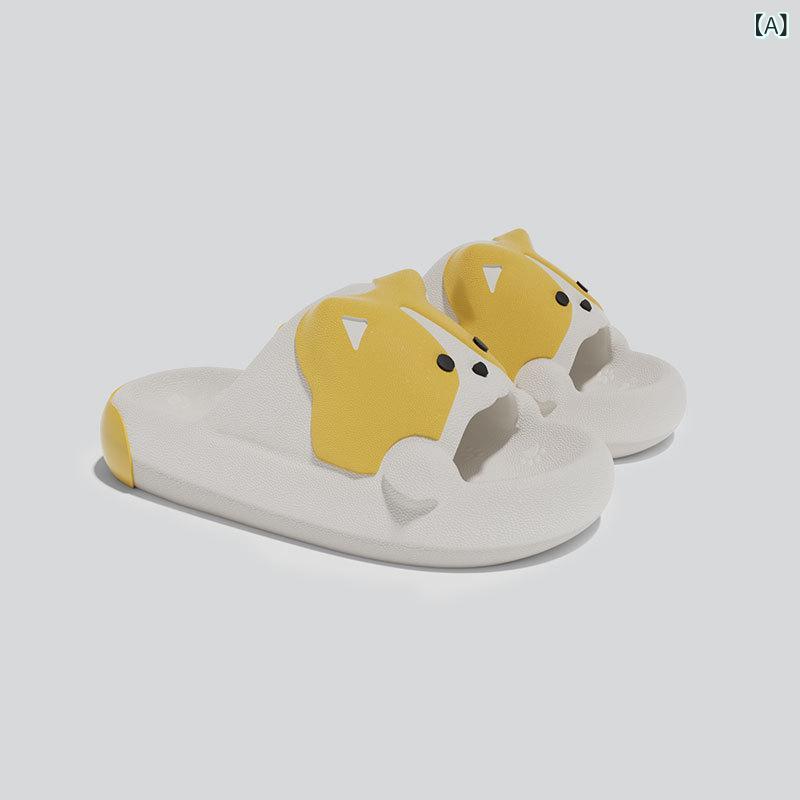 女性用 ビーチサンダル コーギ柄 厚底 ワンピースサンダル EVA素材 接触冷感 吸湿速乾 防滑 耐磨 通気性 軽量 夏用 黄色 グレー ブラック 日常 カジュアル 部屋着 浴室用 増高 3.5cm 以上 厚み かわいい カード トゥーン デザイン