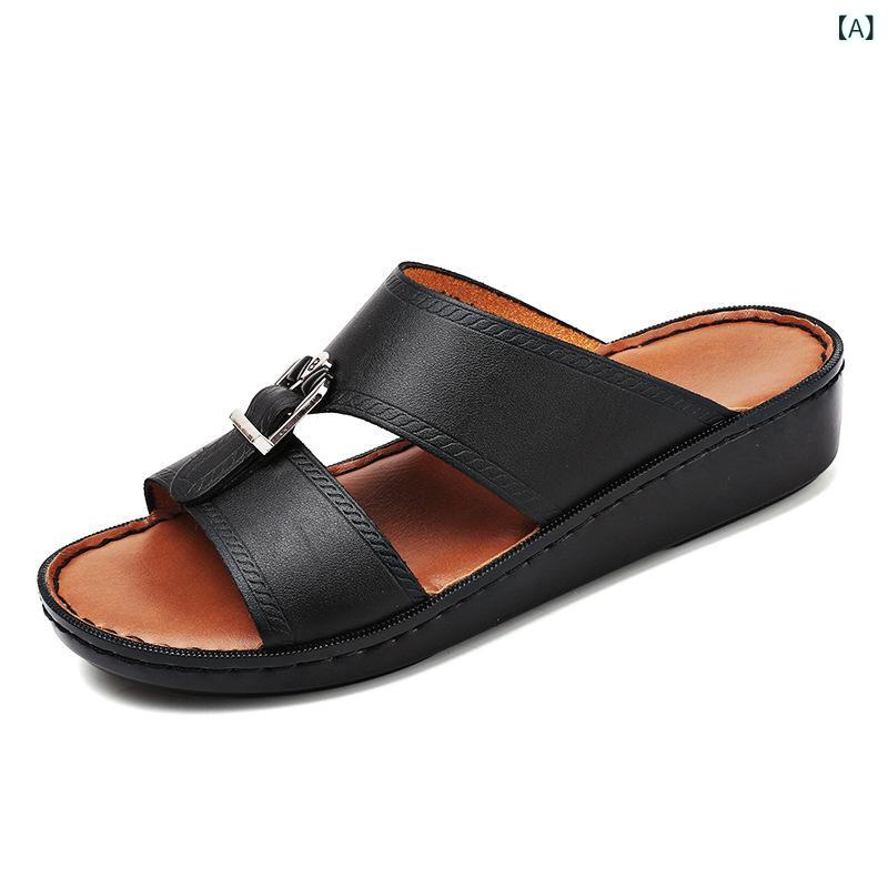 メンズサンダル 男性用 一枚带 スリッポン 防滑 厚底 超繊維 レザー シューズ 黒 春夏 ビーチ 外出 軽量 柔軟 歩きやすい 足元カバー トゥオープン デザイン 休日用 ファミリー スタイル