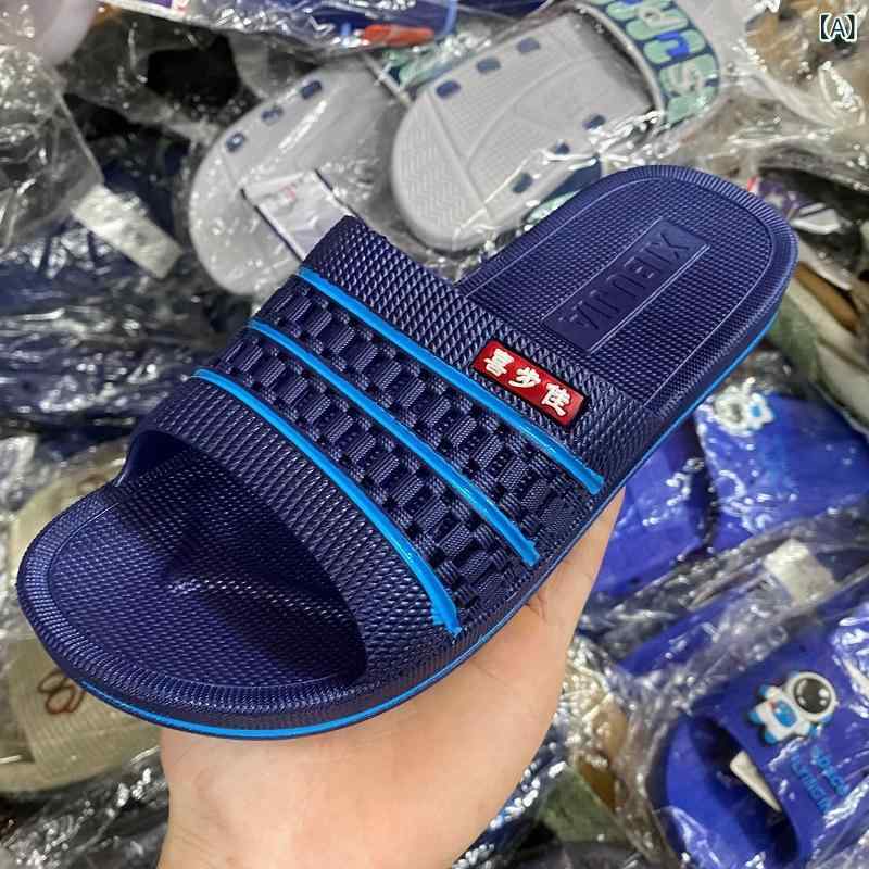メンズ 一文字サンダル 中年男性用 PVC 素材 注塑底 深青色 深茶色 ブルー フラッ...
