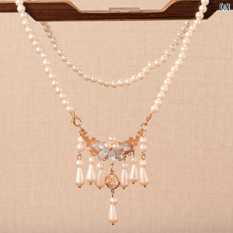 ネックレス 女性用 チャイナドレス アクセサリー 復古 宮廷風 短め 珍珠 チェーン 合金 垂れ飾り 幾何学 デザイン 白 月光 国風 民族風 手工 クラフト ラッキー パターン 冬 ウィンター アクセサリー ジュエリー 首飾り イヤリング 代替 ブレス