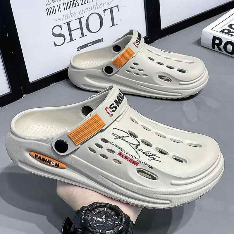 メンズサンダル 男性用 夏用 大きいサイズ ファッション 休闲 室内外兼用 包頭付き 伸縮性 厚底 ビーチシューズ EVA素材 透気性 防滑 3cmヒール 平底 切り抜きデザイン グレー ベージュ ブラック シンプル柄 クマ柄 犬柄 パペット柄