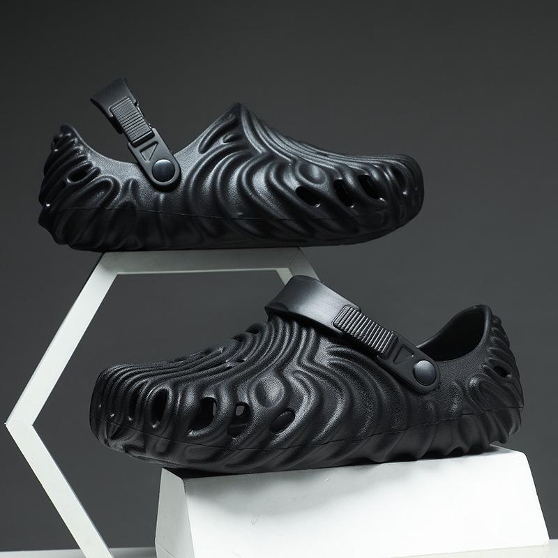 メンズ 厚底 EVA ビーチサンダル 男性用 室内外 スポーツシューズ フィンガープリント 穴あき 包頭 トゥキャップ 透気性 ソフトソール ラウンドトゥ 厚手 切り替え柄 ピースカラー 春夏 秋 ミッドソール EVA クッション 軽量 防水 丸型ヒール