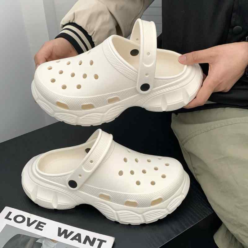 メンズ 厚底 洞洞靴 夏用 防水 防滑 防臭 EVA 素材 軽量 クッション性 高い ビーチサンダル ユニセックス 屋外 アウトドア スタイル カーキ ホワイト ブラック カラーバリエーション 厚み 3.5cm 以上 注塑加工 包頭デザイン 情侣 ペア