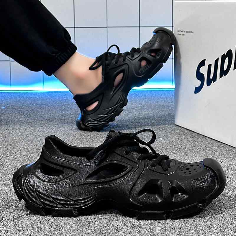 メンズ 洞洞サンダル EVA 素材 夏季 屋外 スポーツ シューズ 防滑 ソフトソール ビーチ ウォーターシューズ 厚底 インソール 低筒 セットオン 丸トゥ プレス加工 青春 トレンド 純色 橘色 ブラック カーキ 蛍光グリーン ホワイト 防水 軽量