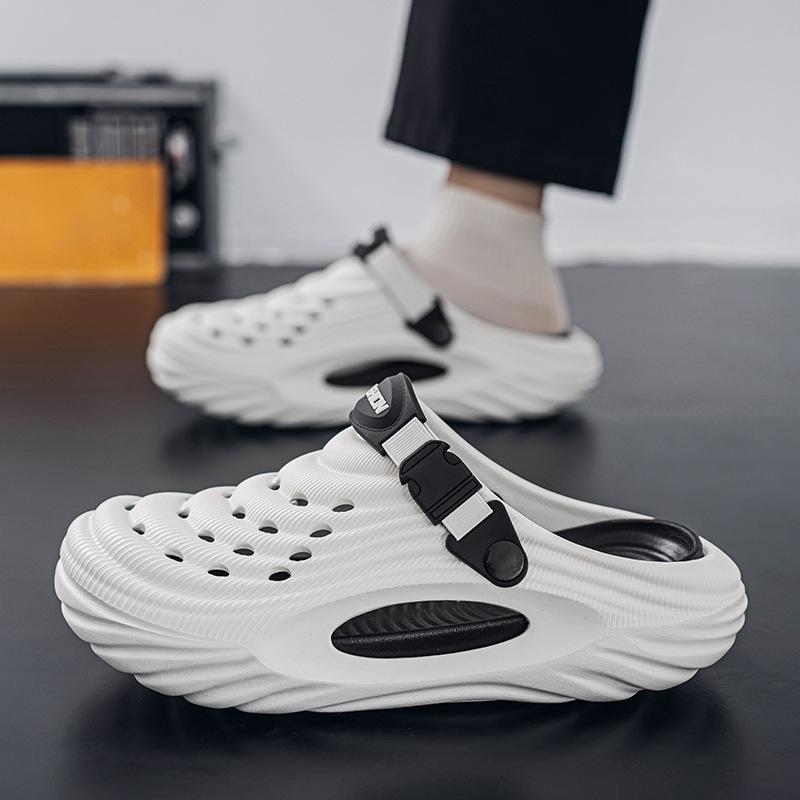 メンズサンダル 男性用 厚底 クロッゲッドサンダル 包頭 ビーチシューズ 防水 防滑 EVA素材 軽量 通気性 夏用 低かかと 丸トゥ 純色 ブラック ホワイト ライトグリーン 青年向け 休闲スタイル セットオンシューズ