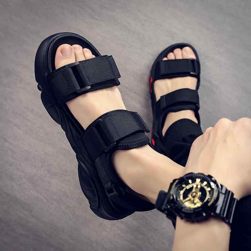 メンズ 沙滩サンダル 透気 防滑 厚底 露趾 ビーチシューズ 男性用 夏用 魔術テープ 軽量 ポリウレタン底 布地 アウトドア 休日用 ブラック 青年向け トレンド 増高 クッション性