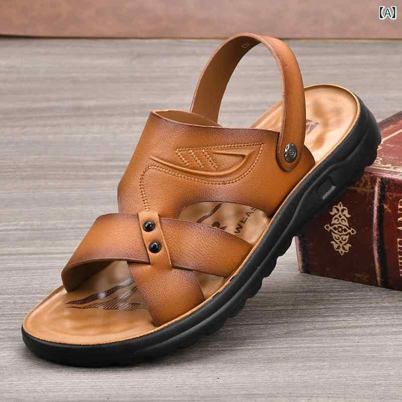 メンズサンダル 男性用 夏 春夏 真皮 牛革 露趾 厚底 防滑 ドライブ用 ビーチサンダル 外履き 透気性 黄色 黒 ラバーソール 青年向け 休闲スタイル セットオンタイプ 軽量 耐久性 快適フィット