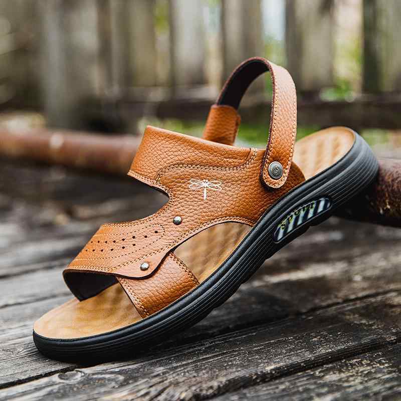 メンズサンダル 男性用 牛革 黒 黄色 夏 春夏 厚底 丸トゥ 防水 防滑 通気性 ビジネスカジュアル ビーチサンダル 調整可能 ストラップ 軽量 耐久性 普段使い アウトドア ミドルエイジ