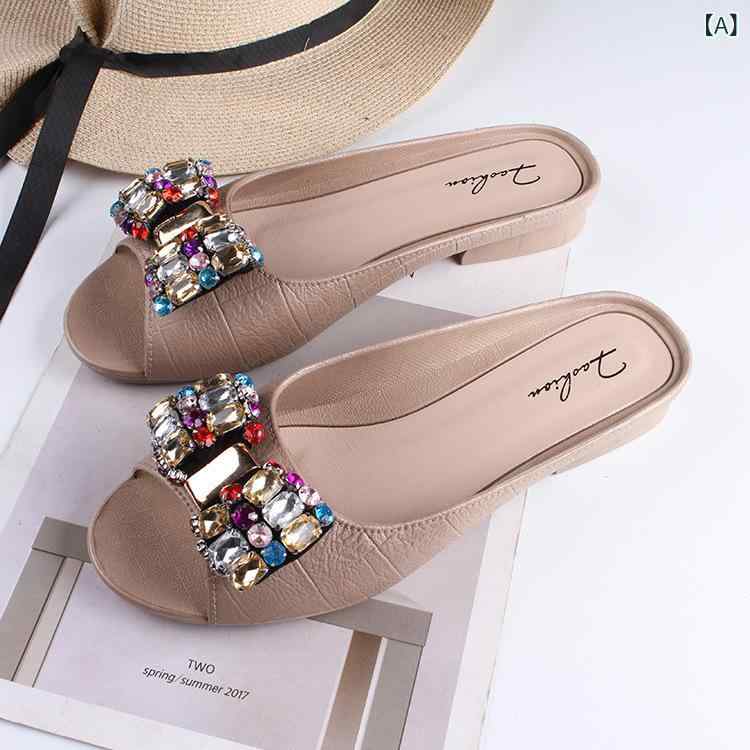 女性 夏 ビーチサンダル 露趾 スリッポン 低ヒール シンプル カラーストーン 装飾 PVC 素材 軽量 日常使い 普段使い ビーチ プールサイド かわいい ミルクティー カラーバリエーション オレンジ系 ブラック ベージュ