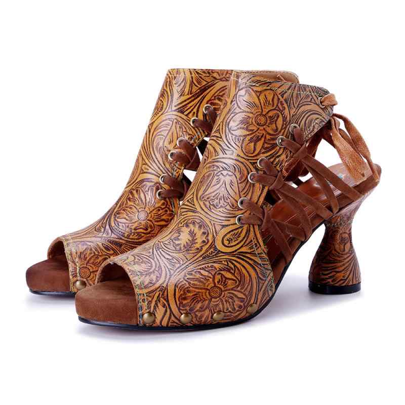 レディース 春夏 ルームサンダル 女性用 本革 手作り 擦れ色 プリント 花柄 ビンテージ バックストラップ ストラップ ブラウン 丸トゥ 欧米スタイル 羊皮 ラバーソール マイクロファイバー インソール 快適 軽量 夏用 普段使い