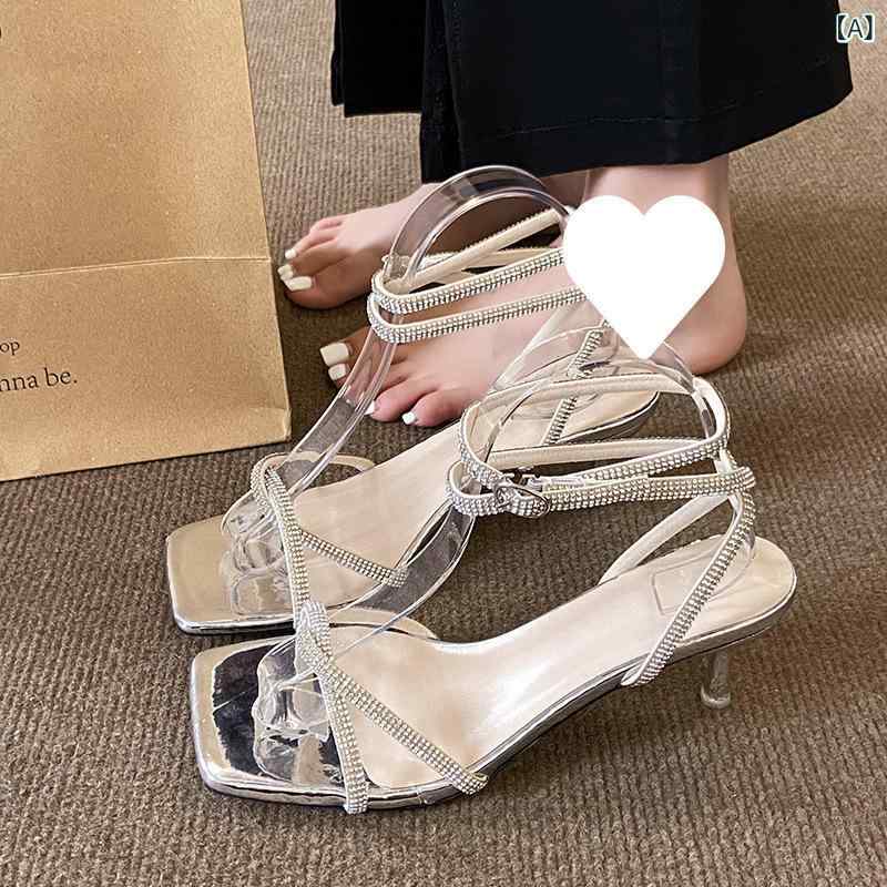 サンダル 女性用 細ヒール 春夏 クロス ストラップ 気品 セクシー オープントゥ ラインストーン クリア シルバー 超高ヒール 8cm以上 方頭 マイクロファイバー 合成皮革 ラバーソール ゆったり 履き込み式 軽量 伸縮性 吸湿速乾 カジュアルスタイ 2