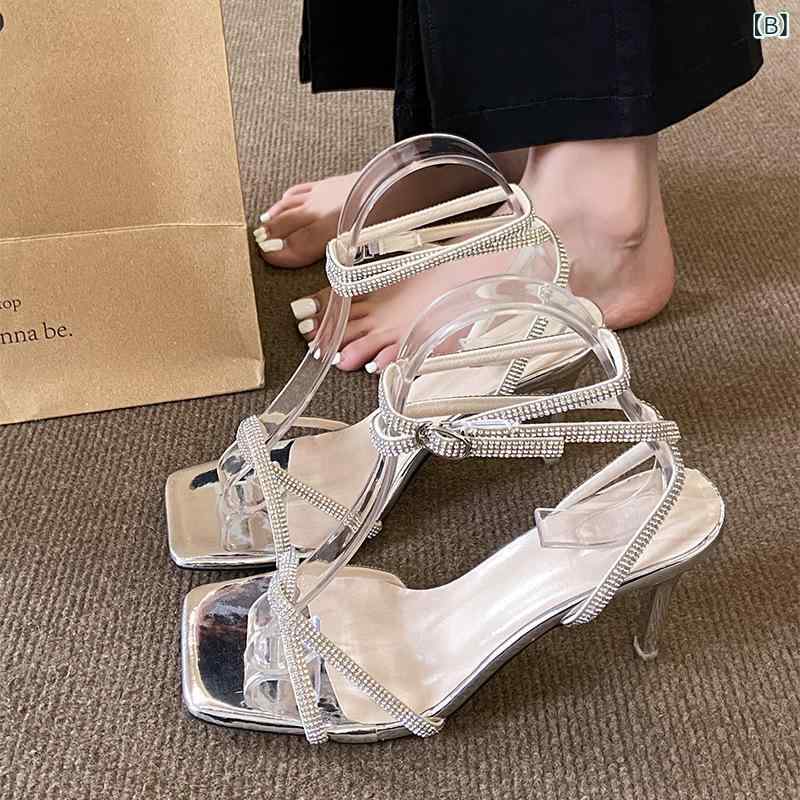 サンダル 女性用 細ヒール 春夏 クロス ストラップ 気品 セクシー オープントゥ ラインストーン クリア シルバー 超高ヒール 8cm以上 方頭 マイクロファイバー 合成皮革 ラバーソール ゆったり 履き込み式 軽量 伸縮性 吸湿速乾 カジュアルスタイ 3