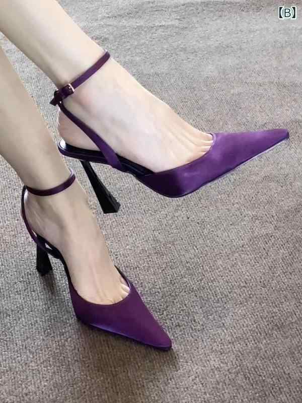 春夏 女性用 法式風 黒 紫 綿サテン ストラップ オープントゥ 細ヒール 尖頭 ハイ...