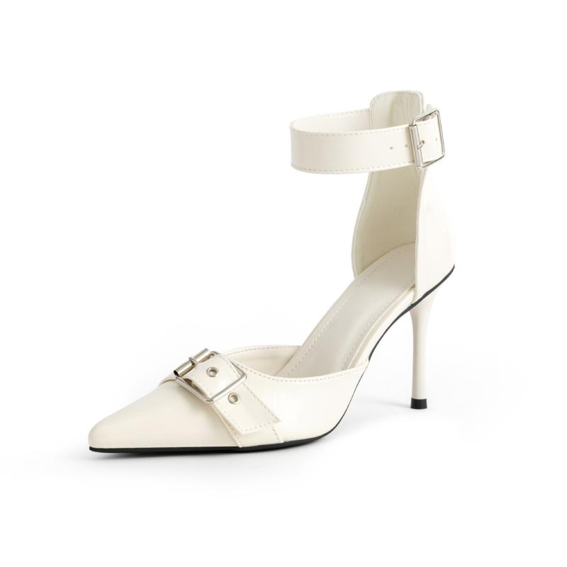 サンダル 女性用 夏 ハイヒール 細ヒール 尖頭 ストラップ バックル オープントゥ ブラック ホワイト PU素材 軽量 通気性 欧米スタイル 6-8cmヒール 大きいサイズ 接触冷感 伸縮性 吸湿速乾 ビッグシルエット