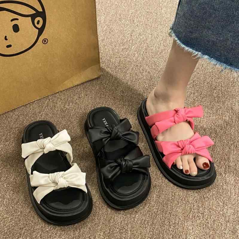 サンダル 女性用 厚底 丸トゥ 蝶結び ストラップ 夏用 黒 ピンク ベージュ PU素材 ラバーソール 露趾 軽量 通気性 普段使い 外出向け シンプルデザイン 足元おしゃれ(3.0)