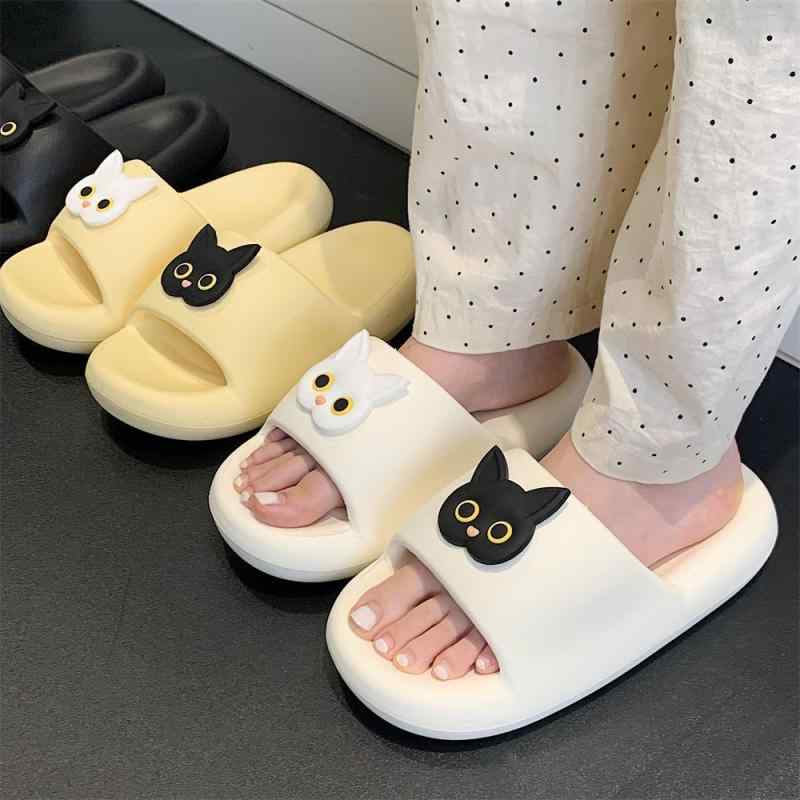 女性用 夏 厚底 EVA フットベッド かわいい猫柄 室内外 スリッパ 防滑 除臭 耐磨 吸湿速乾 クッション 軽量 メンズ レディース ユニセックス カジュアル ビーチサンダル フラットシューズ ブラック ホワイト イエロー ピンク グリーン(3.0)