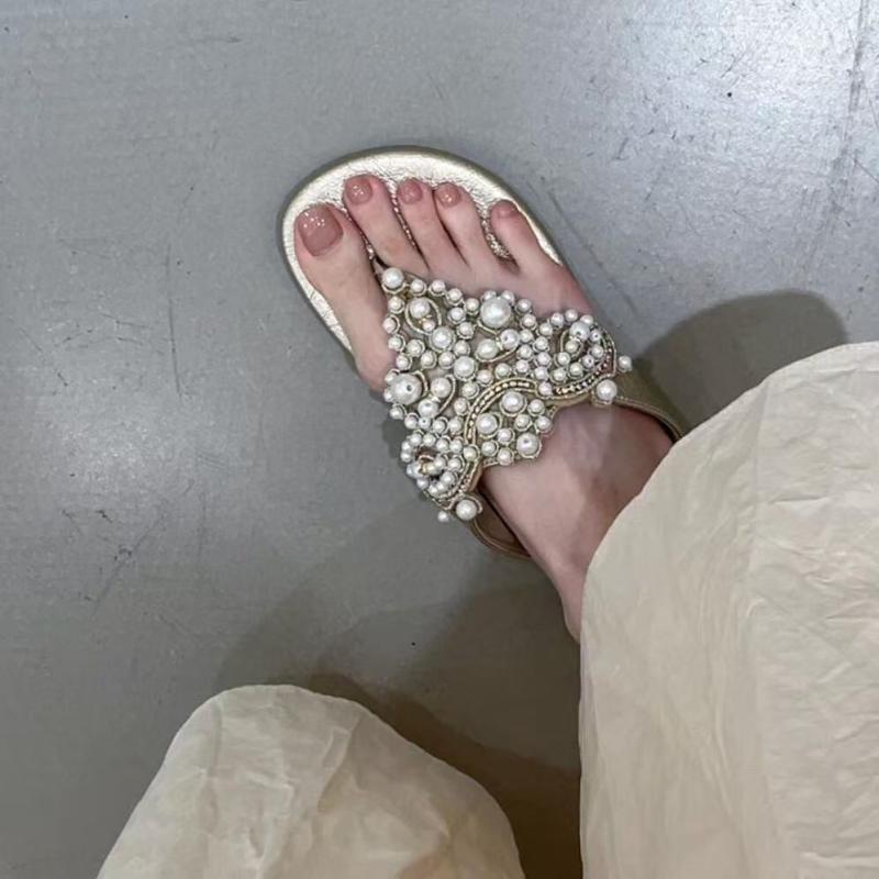 女性用 トゥポスト サンダル 夏用 ボヘミアン スタイル 珍珠 人字 拖鞋 ビーチ シューズ 黒 銀 金 軽量 快適 歩行 吸湿速乾 柔軟 PU素材 ゴム底 フラット ソール 日常 カジュアル ビッグシルエット 伸縮性 再生繊維