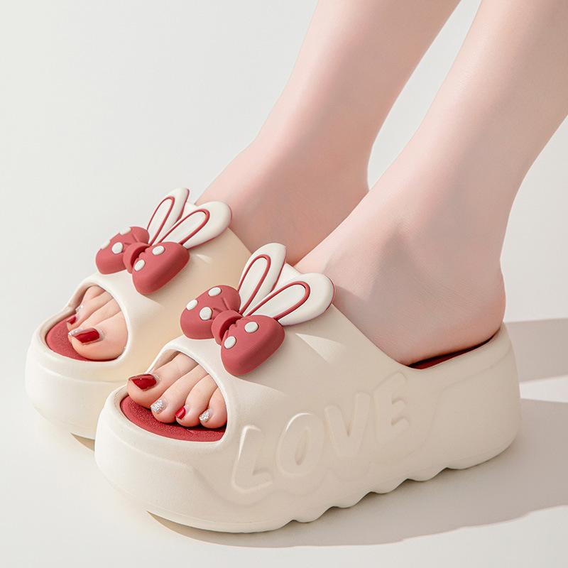 女性用 夏 サンダル 厚底 クッション 増高 防滑 耐磨 PVC 素材 蝶結 ウサギ耳 かわいい デザイン 赤 卡其 ブラック 日常 休闲 履き 春夏 シーズン 軽量 通気 性 ビーチ ルームウェア