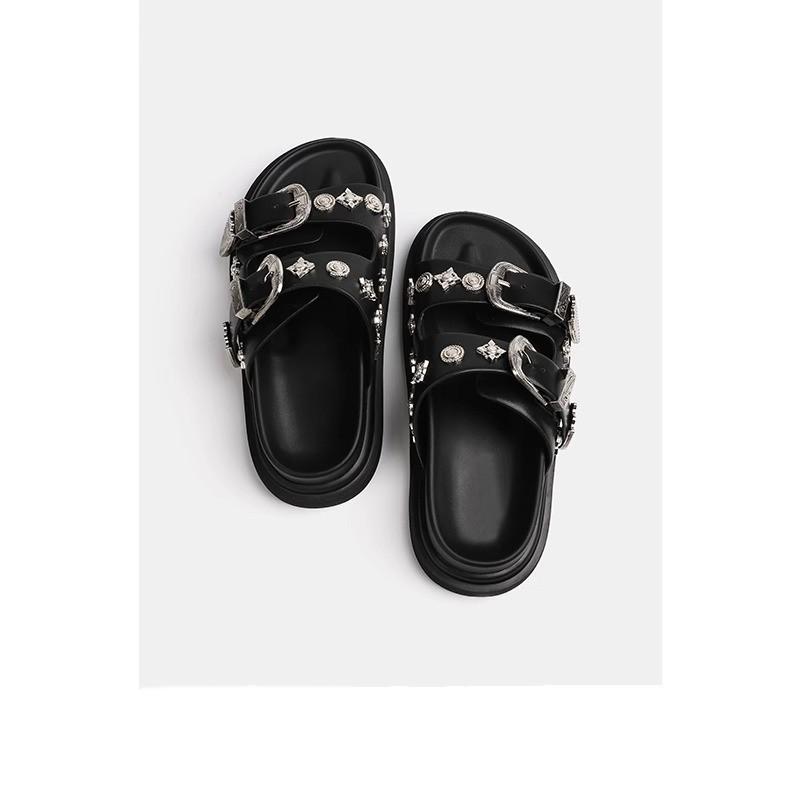 レディース 厚底 ビーチサンダル メタルバックル 丸トゥ 超繊維 ラバーソール 日常カジュアル ブラック ホワイト 丸型 オープントゥ 軽量 伸縮性 夏 春 通用