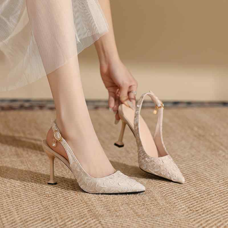 サンダル 女性用 夏 2024 通勤 快適 ワイド ローファー シルク 素材 尖頭 デザイン バックストラップ 5cm ヒール 7cm ヒール 8.5cm ヒ..