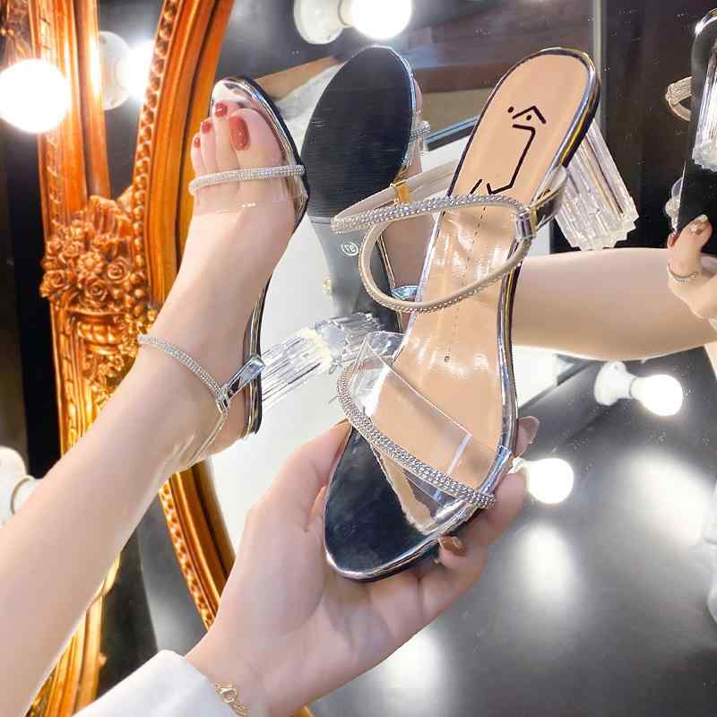 サンダル 女性用 透明 ワイドストラップ ラウンドトゥ 厚底 夏 銀色 シャンパンカラー PU素材 ラバーソール 巻き付けストラップ 軽量 通気性 足元リラックス 涼感 ファッション 足元おしゃれ デイリー使い 歩きやすい 女性向け 夏シューズ ビーチサ(4.0)