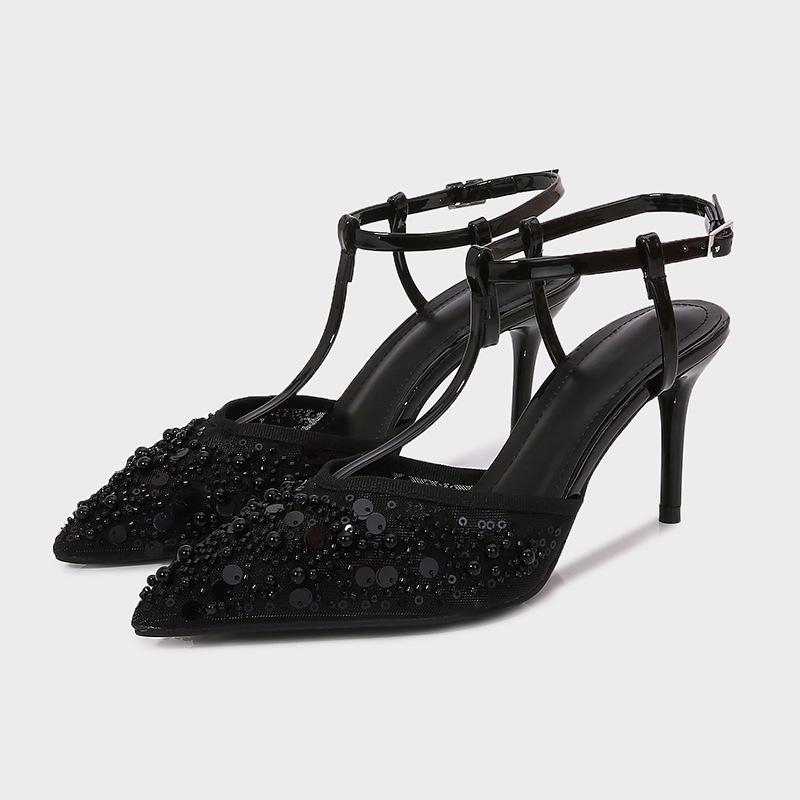 レディース 夏 ヒールサンダル ブラック 串珠装飾 一本帯 メッシュ オープントゥ 細ヒール ムーラーシューズ 接触冷感 軽量 伸縮性 吸湿速乾 ハイヒール 尖頭 韓国スタイル 春夏 通勤 普段使い