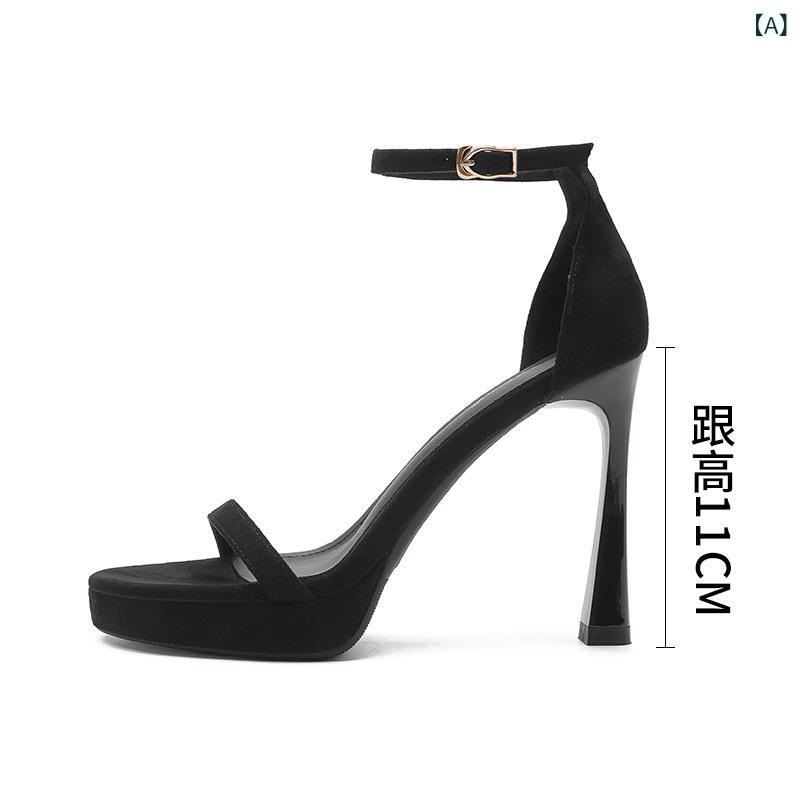 サンダル 女性用 夏 春夏 細ストラップ ラウンドトゥ 細ヒール 防水 漆皮 接触冷感 超高ヒール 11cm ラバーソール 超フィバー内張り 疲..