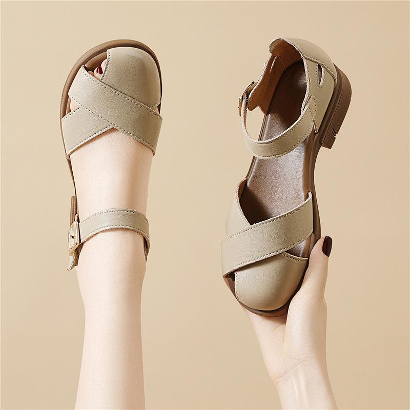 女性用 ローマサンダル 夏 厚底 ビーチシューズ 仙女風 スカート合わせ 平底 復古 猪籠靴 丸トゥ 煙灰 米色 PU素材 軽量 伸縮性 吸湿速乾 通勤用 普段使い アウトドア ハイウエスト ビッグシルエット