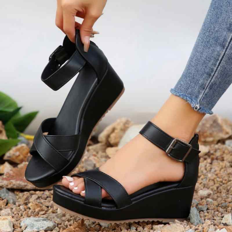 レディース 魚嘴 オープントゥ ウェッジヒール サンダル 丸トゥ バックル ストラップ ハイヒール 夏用 透気性 ワンストラップ ローマンスタイル ブラック クロスデザイン 編み込み プー素材 ゴム底 後ろジッパー 軽量 伸縮性 接触冷感 ハイウエスト